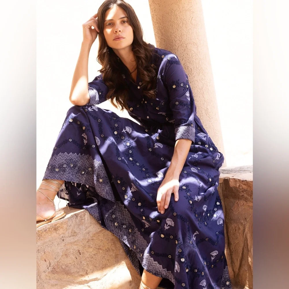 Oliphant Camden Navy Cinched Shirt Maxi Dress • Size M • SOLD OUT • NWOT - Picture 4 of 11